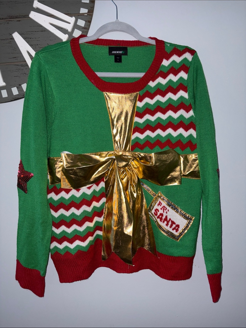 NWOT Joe Boxer Green Holiday Sweater with Gold Bow and Red Trim ugly Christmas